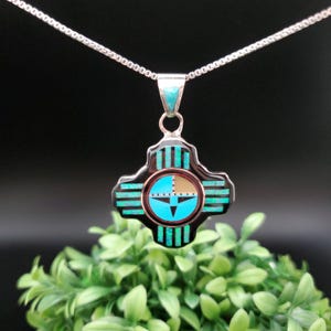 QQ-521 | Multicolor Inlay Zia Necklace Pendant Option With Silver Chain | Sterling Silver Zia Pendant Necklace | Big ABQ NM Zia Necklace
