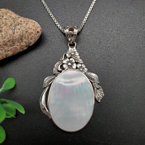 ATS-AYU241 | White Mother of Pearl Necklace Pendant Option With Silver Chain | Sterling Silver White Shell Pendant | Mother of Pearl Pendant
