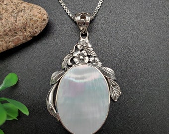 ATS-AYU241 | White Mother of Pearl Necklace Pendant Option With Silver Chain | Sterling Silver White Shell Pendant | Mother of Pearl Pendant