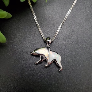 FFD #129 | White Opal Inlay Bear Pendant Necklace | Sterling Silver Blue Opal Zuni Bear Necklace Pendant | Lovely Silver Opal Bear Pendant
