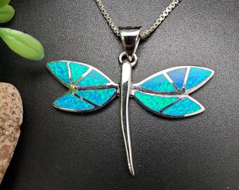 FFD #005 | Dainty Blue Opal Dragonfly Necklace Pendant Option of Silver Chain Necklace | Sterling Silver Blue Opal Necklace | Big Dragonfly