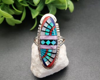 GG-023 | Multicolor Inlay Ring | Micro Inlay Southwest Ring | Sterling Silver Inlay Ring | Lady Ring | Silver Inlay Opal Ring | Gift For Her
