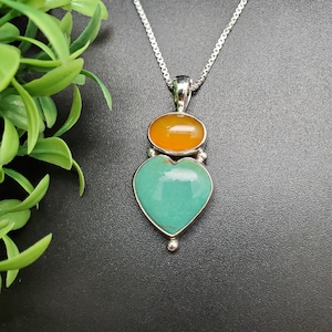 QQ-169 | Lovely Heart Turquoise Yellow Agate Necklace Pendant Option A Silver Chain | Sterling Silver Yellow Agate Turquoise Pendant