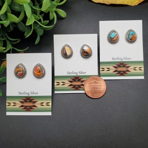 ATS-PST037 | 10x12mm Teardrop Spiny Oyster Turquoise Post Earrings | Sterling Silver Multicolor Studs | Copper Spiny Oyster Turquoise Posts