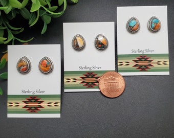ATS-PST037 | 10x12mm Teardrop Spiny Oyster Turquoise Post Earrings | Sterling Silver Multicolor Studs | Copper Spiny Oyster Turquoise Posts