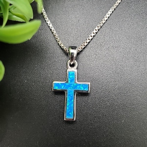 FFD #718 | Big Blue Opal Inlay Cross Necklace Pendant | Sterling Silver Fire Opal Cross Pendant | Inlay Blue Opal Cross Necklace Pendant