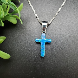 QQ-348 | 2 Sides Blue Opal, Multicolor Inlay Cross Necklace Pendant | Sterling Silver Blue Opal Cross Pendant | Silver Opal Cross Necklace