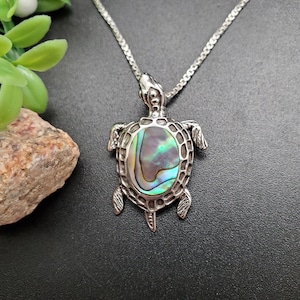 May include: A silver chain necklace with a silver turtle pendant featuring an iridescent abalone shell inlay.