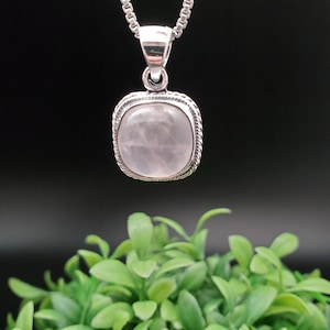 QQ-141 | Pink Rose Quartz Necklace Pendant Option of Silver Chain Necklace | Sterling Silver Rose Quartz Square Pendant Necklace
