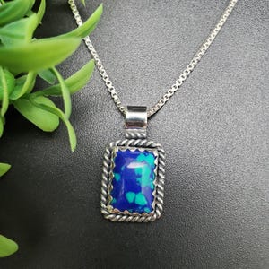 QQ-866 | Southwestern Azurite Malachite Rectangle Necklace Pendant | Sterling Silver Azurite Pendant | Unisex Blue Green Azurite Pendant