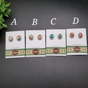 ATS-PST063 | 9x11mm Oval Copper Spiny Oyster Turquoise Earrings | Sterling Silver Spiny Oyster Studs | Dainty Oyster Turquoise Earrings