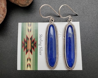 ATS#E009 | Long Blue Lapis Earrings | Sterling Silver Lapis Lazuli Southwest Earrings | Blue Southwestern Jewelry | Long Oval Lapis Earrings