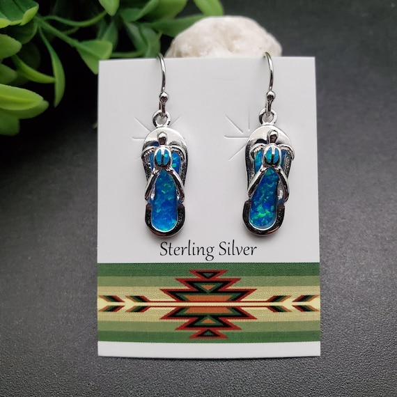 FFD #223 Blue Opal Sea Turtle Flip Flop Earrings Sterling