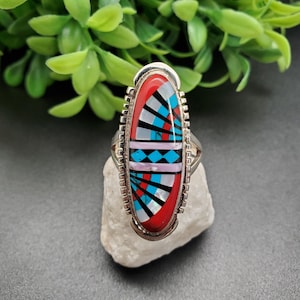 GG-067 | Silver Inlay Ring | Pattern Inlay Southwest Ring | Sterling Silver Inlay Ring | Lady Ring | Multicolor Inlay Ring | Ring For Her