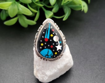 GG-039 | Silver Inlay Galaxy Ring | Micro Inlay Southwest Ring | Sterling Silver Ring | Lady Ring | Multicolor Galaxy Ring | Gift For Her