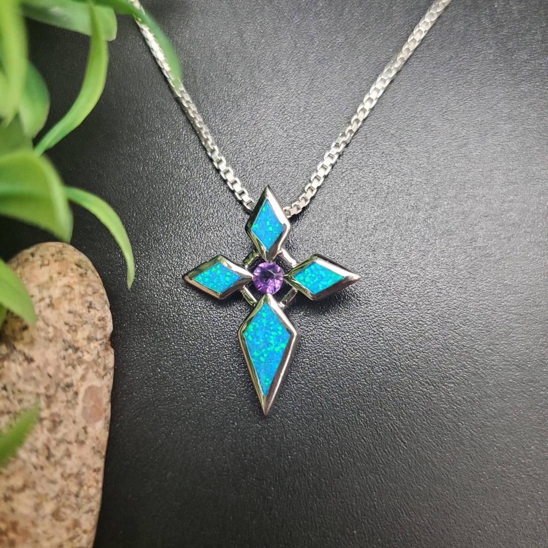 QQ-742 | Dainty Purple Amethyst Blue Opal Inlay Cross Necklace