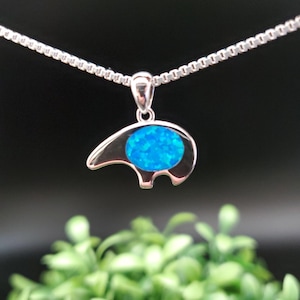QQ-512 | Blue Opal Inlay Bear Pendant Necklace | Sterling Silver Blue Opal Zuni Bear Necklace Pendant | Silver Opal Bear Pendant Lovely Gift