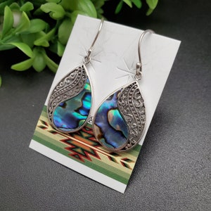 ATS-AYU208 | Abalone Shell Inlay Dangle Earrings | Sterling Silver Abalone Shell Earrings | Teardrop Paua Shell Earrings | Simple Earrings