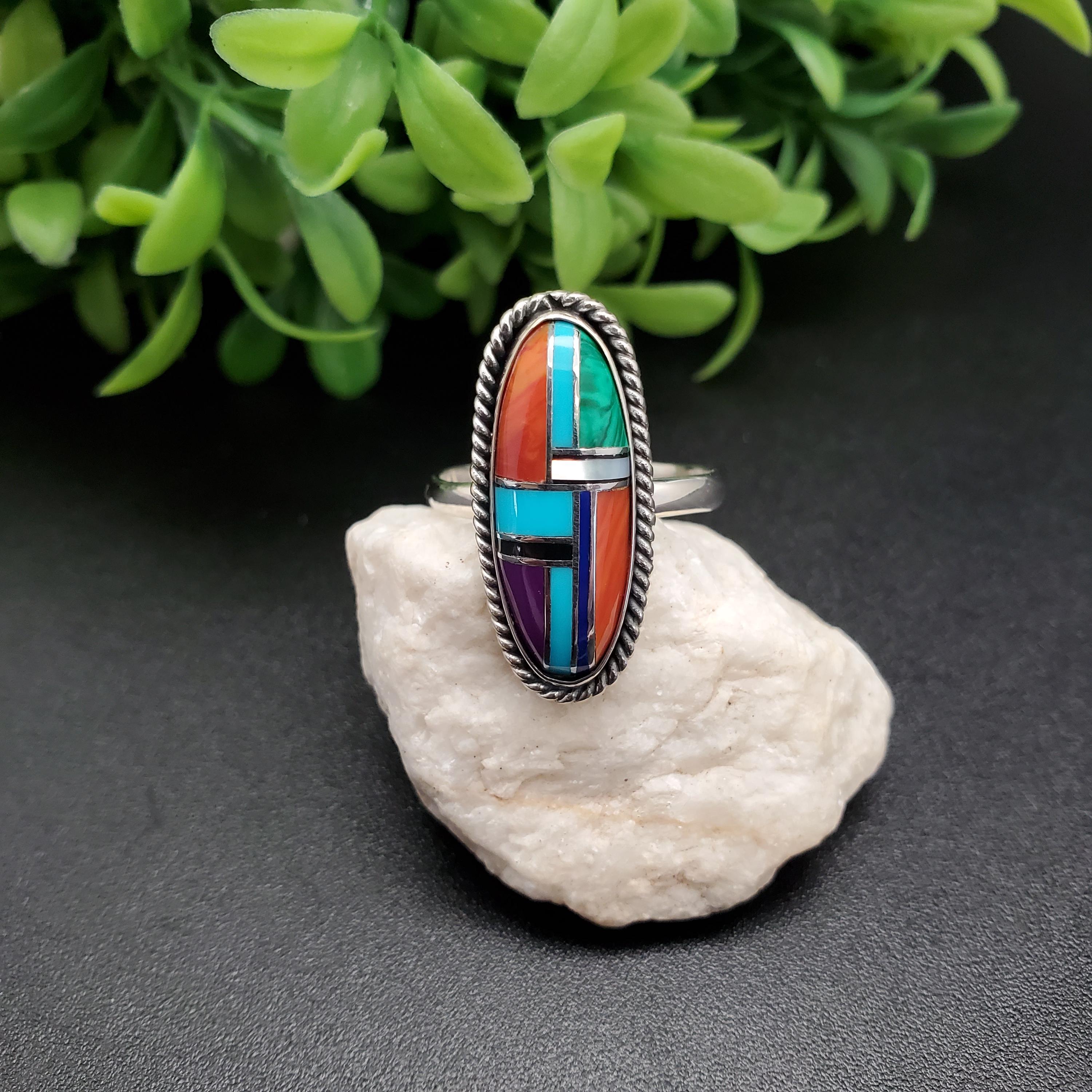 GG-133 | Unique Inlay Ring | Pattern Inlay Southwest Ring | Sterling Silver Inlay Ring | Lady Ring | Multicolor Inlay Ring | Ring For Her