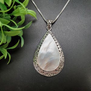 QQ-577  | White Mother of Pearl Necklace Pendant Option With Silver Chain | Sterling Silver White Shell Pendant | Mother of Pearl Pendant