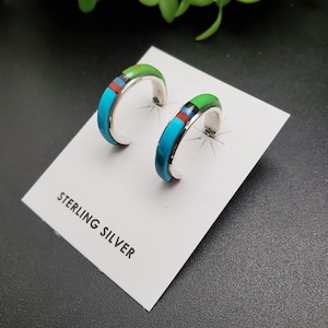 HEP26 | Lovely Turquoise Multicolor Inlay Hoop Earring Posts | Sterling Silver Multicolor Earrings |  Multicolor Inlay Earrings Gift For Her