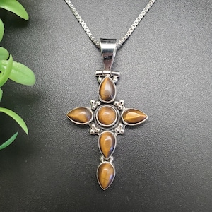 ATS# PD252 | Brown Tigereye Cross Pendant Necklace | Sterling Silver Tigereye Cross Pendant | Tiger Eye Jesus Cross Necklace Pendant