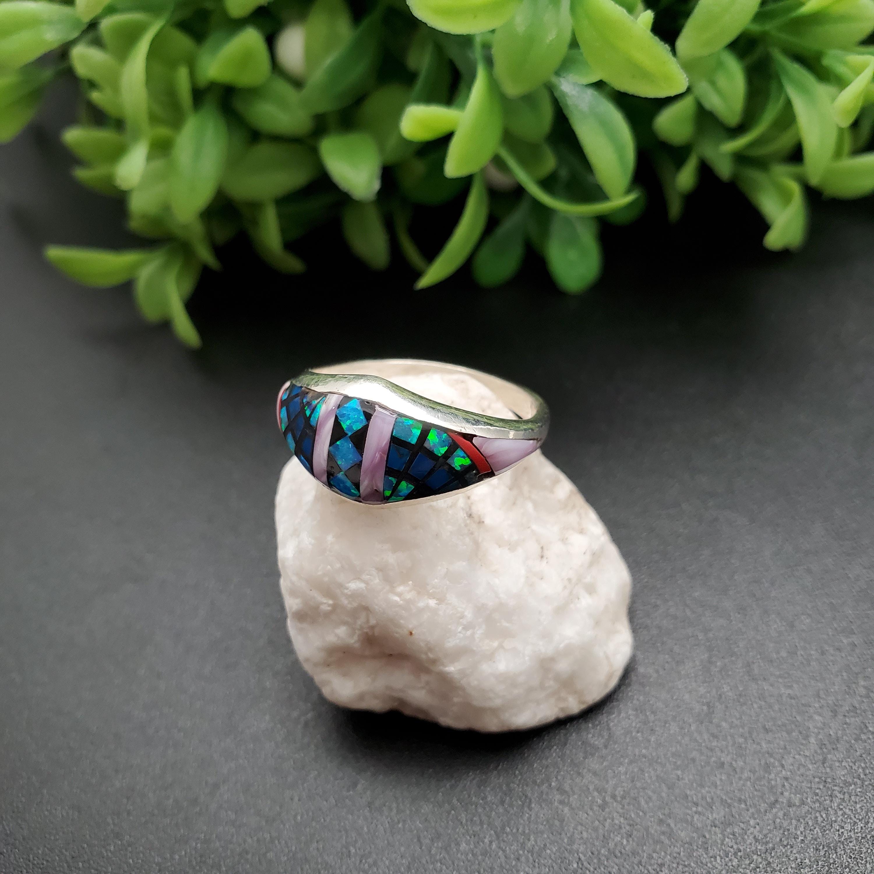 GG-012 | Silver Inlay Opal Ring | Micro Inlay Southwest Ring | Sterling ...