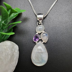ATS#PD076 | Big Rainbow Moonstone Purple Amethyst Necklace Pendant | Sterling Silver Moonstone Amethyst Pendant | Dainty Gemstones Pendant