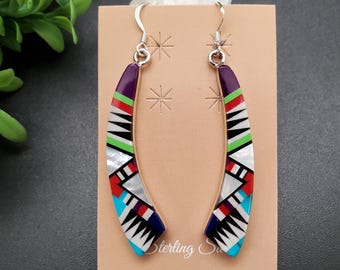 QQ-383 | Long Unique Inlay Earrings | Sterling Silver Southwestern Earrings | Multicolor Long Dangle Earrings | Multicolor Inlay Earrings