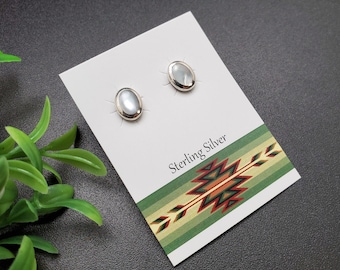 JJS-504 | Dainty Oval Inlay White Mother of Pearl Earrings | Sterling Silver White Shell  Studs | Lovely White Posts | Inlay Silver Studs