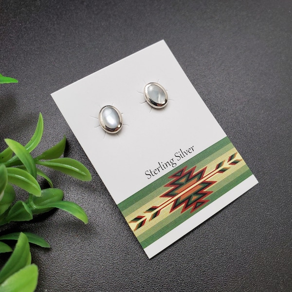 JJS-504 | Dainty Oval Inlay White Mother of Pearl Earrings | Sterling Silver White Shell  Studs | Lovely White Posts | Inlay Silver Studs