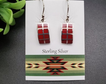 ATS-AYU190 | Red Coral Inlay Earrings | Sterling Silver Red Coral Earrings | Red Coral Silver Earrings | Red Coral Inlay Drop Earrings