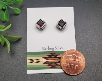 JJS-537 | 8mm Square Red Garnet Earrings | Sterling Silver Red Gemstone Studs | Southwest Amethyst Posts | Square Red Stone Earrings | Gifts