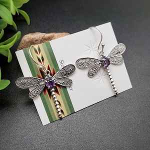 ATS-AYU216 | Sterling Silber Lila Amethyst Libelle Ohrringe | Amethyst Libelle Ohrringe | Balinesische Silber Libellen Ohrringe