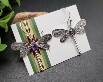 ATS-AYU216 | Sterling Silver Purple Amethyst Dragonfly Earrings | Amethyst Dragonfly Dangle Earrings | Balinese Silver Dragonfly Earrings