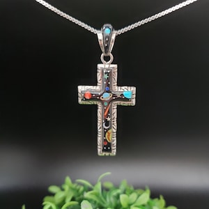 QQ-216 / Opción de colgante de collar con cruz galáctica con incrustaciones únicas y cadena de plata / Collar con colgante de cruz galáctica multicolor en plata esterlina