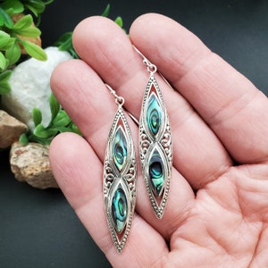 FFD #505 | Abalone Shell Inlay Dangle Earrings | Sterling Silver Abalone Shell Earrings | Dainty Paua Shell Earrings | Big Simple Earrings