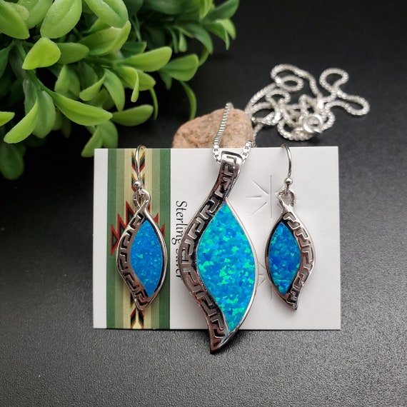 Sterling Silver Blue Opal Pendant & Earrings Set Sterling Silver Blue Opal Pendant & Earrings Set