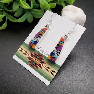 QQ-399 | Unique Multicolor Inlay Earrings | Sterling Silver Southwestern Earrings | Colorful Inlay Dangle Earrings | Colors Stone Earrings