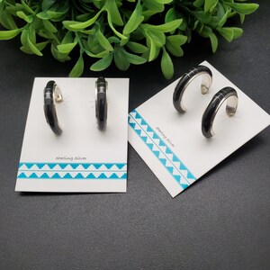 QQ-425 | Lovely Black Onyx Inlay Hoop Earring Posts | Sterling Silver Inlay Black Onyx Hoop Earrings | Southwest Earrings | Gift For Her