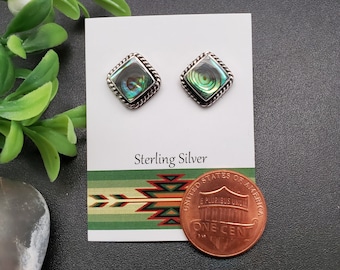 JJS-650 | 11x11mm Square Inlay Abalone Shell Earrings | Sterling Silver Abalone Studs | Lovely Silver Posts | Small Studs | Simple Studs