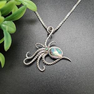 Könnte beinhalten: Eine silberne Oktopus-Anhänger-Halskette mit einem schimmernden Abalone-Muschel-Mittelteil. Das Oktopus-Design weist detaillierte Tentakel und eine zarte Kette auf. Die Abalone-Muschel zeigt schillernde Farben.