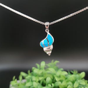 QQ-482 | Blue Opal Inlay Sea Shell Necklace Pendant | Sterling Silver Fire Opal Conch Shell Pendant | Opal Inlay Shell Necklace Pendant