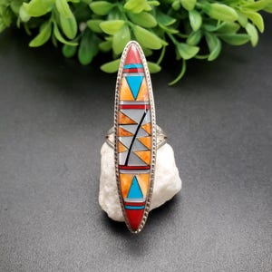 GG-088 | Unique Inlay Ring | Pattern Inlay Southwest Ring | Sterling Silver Inlay Ring | Lady Ring | Multicolor Inlay Ring | Ring For Her