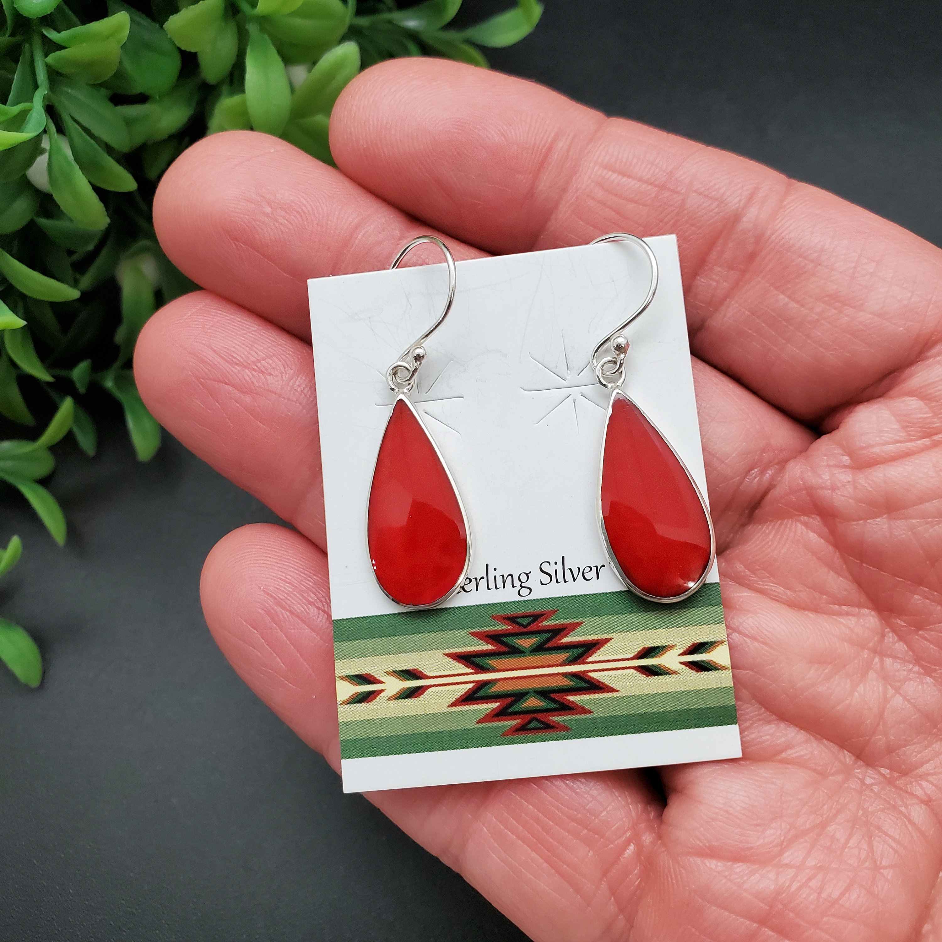 ATS-AYU189 | Red Coral Inlay Dangle Earrings | Sterling