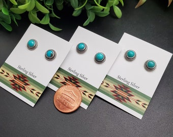 ATS-PST026 | 8mm Blue Turquoise Post Earrings | Sterling Silver Turquoise Studs | Handmade Turquoise Jewelry | Small Silver Posts Gift Ideas