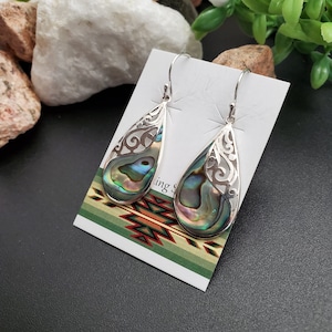 FFD #523 | Abalone Shell Inlay Teardrop Dangle Earrings | Sterling Silver Abalone Shell Earrings | Dainty Paua Shell Earrings | Gift For Her