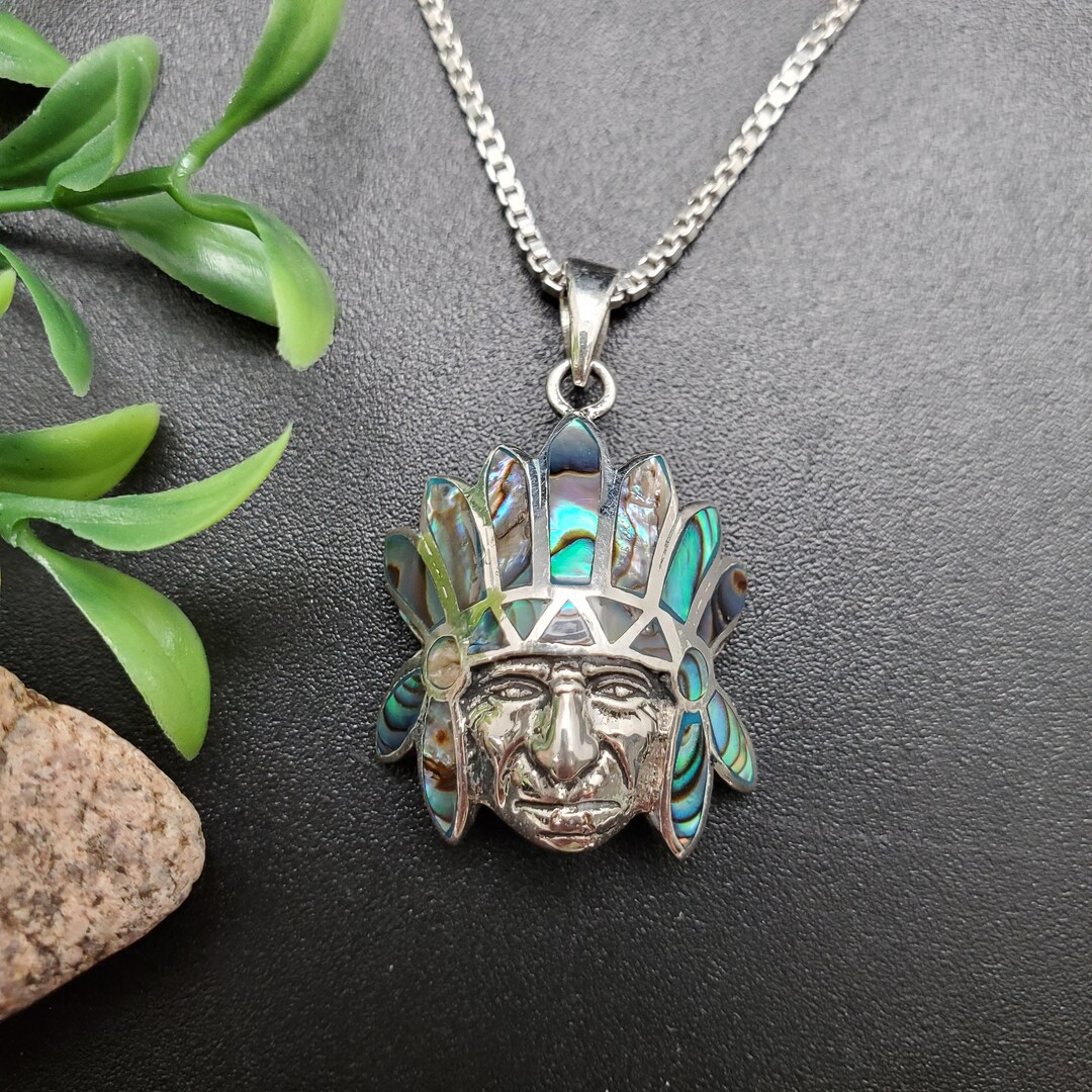 ATS-AYU140 | Abalone Shell Indian Head Chief Necklace Pendant Option ...
