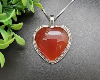 QQ-548 | Big Karneol Kristall Herz Halskette Anhänger Option Silber Kette Halskette | Reizende Sterling Silber Karneol Herz Anhänger Halskette