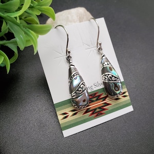 FFD #029 | Abalone Shell Inlay Dangle Earrings | Sterling Silver Abalone Shell Earrings | Dainty Paua Shell Earrings | Big Simple Earrings